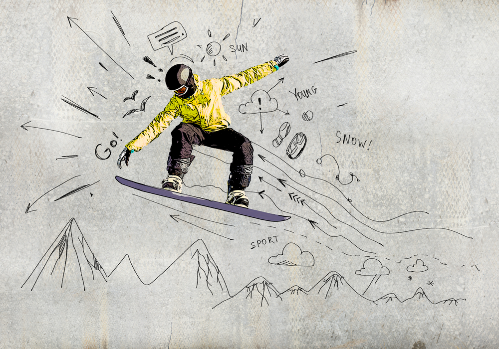 单板滑雪滑雪板手绘图的特写